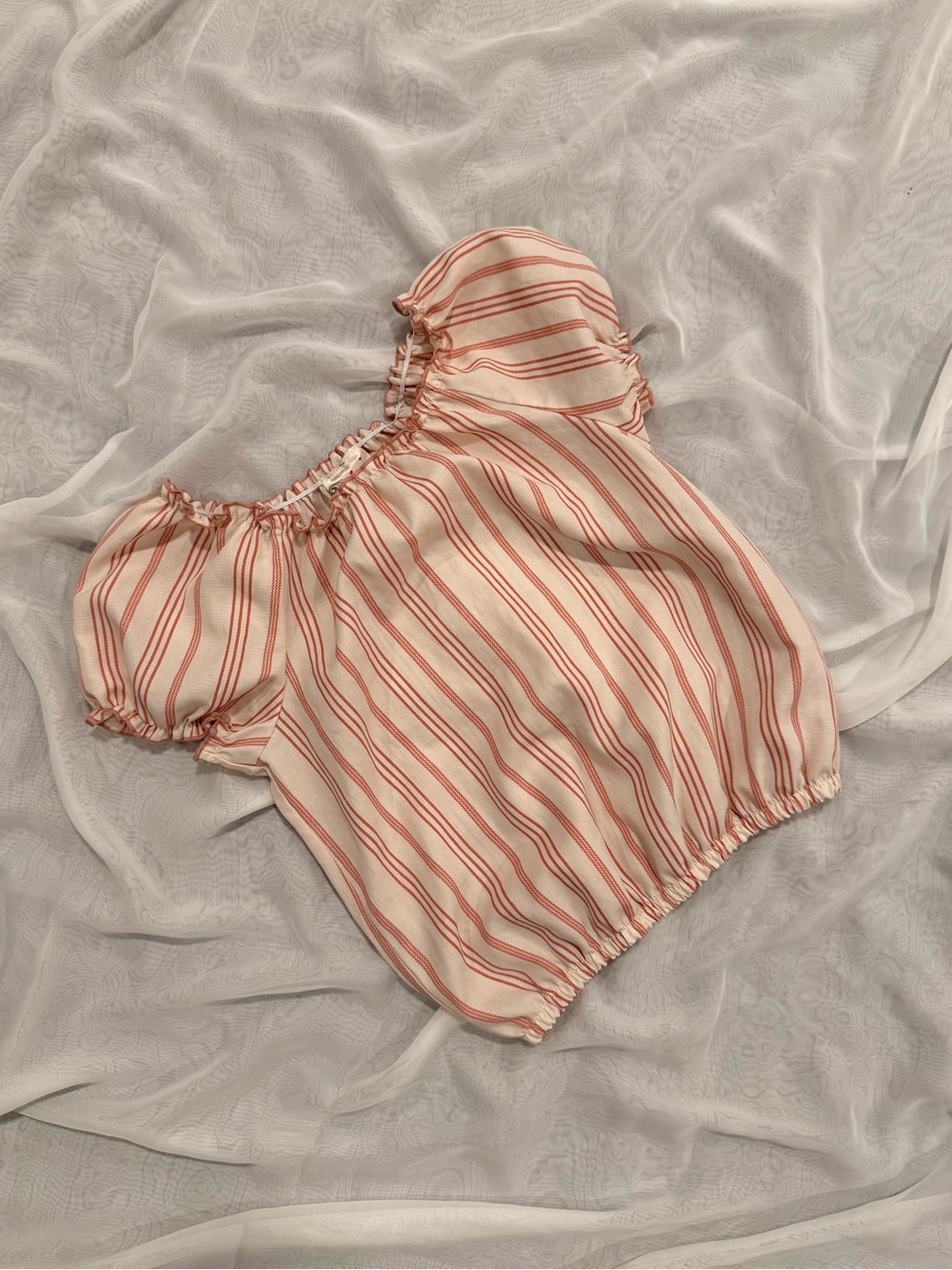 Striped Puff Sleeve Peasant Top - Cream with Coral Stripes